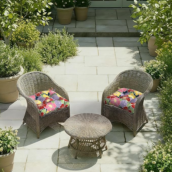 DYTXIII Set of 2 Outdoor Chair Cushions 19"x19"x4", Water Repellent Tufted Patio Seat Cushions with Ties, Thick Replacement Pads for Wicker Dining Chairs, Patio Furniture, Flower Bloom