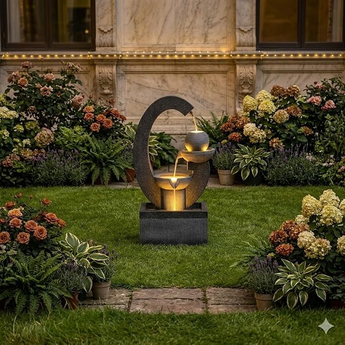 Qingyinge 31'' H Modern Outdoor Fountain Resin Outdoor Garden Fountains with Contemporary Design LED Light for Garden, Patio, Deck, Porch, Backyard and Home Art Decor