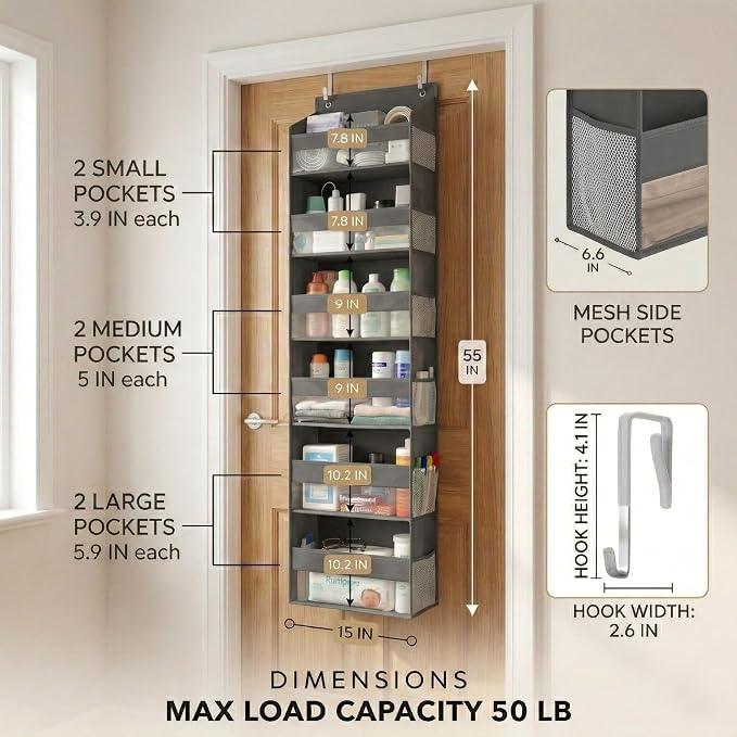 HOMELUX THEORY Over the Door Organizer, 6-Tier, 100D Fabric, Dark Gray 1pc | Over the door shoe organizer, 50 lbs capacity, 12 side mesh pockets, 100D extra thick fabric, Closet & entryway storage