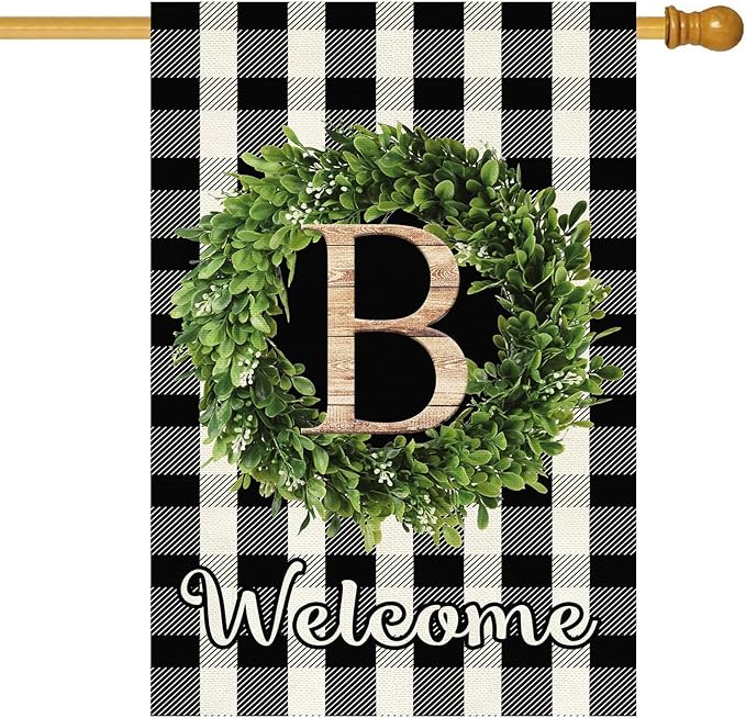 Baccessor Monogram Letter B Garden Flag 28 x 40 Inch, Buffalo Plaid Family Last Name Initial Boxwood Wreath Welcome Vertical Double Sided Large Flags for Outdoor Outside Decoration