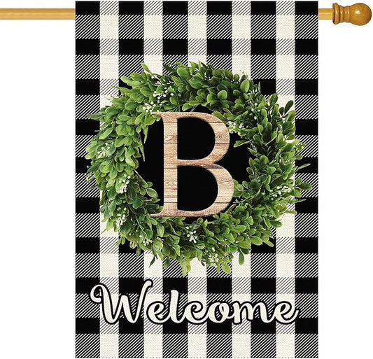 Baccessor Monogram Letter B Garden Flag 28 x 40 Inch, Buffalo Plaid Family Last Name Initial Boxwood Wreath Welcome Vertical Double Sided Large Flags for Outdoor Outside Decoration