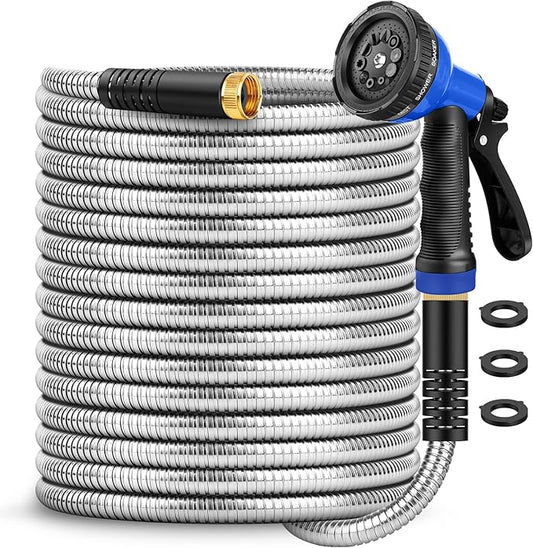 Garden Hose 50 ft, Stainless Steel Metal Hose, Flexible Water Hose with 10 Function Nozzle, Kink Free, Leak-Proof, Heavy Duty Hose for Yard, Outdoor, Lawn, RV, Car Wash and Camper Use