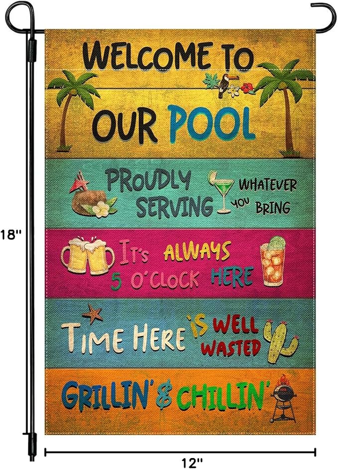 Snycler Welcome To Our Pool Garden Flag, 12.5x18" Party Decorations, Summer Decor, Outdoor Beach Bar Pub Porch Patio Deck Backyard Poolside Decor Outside
