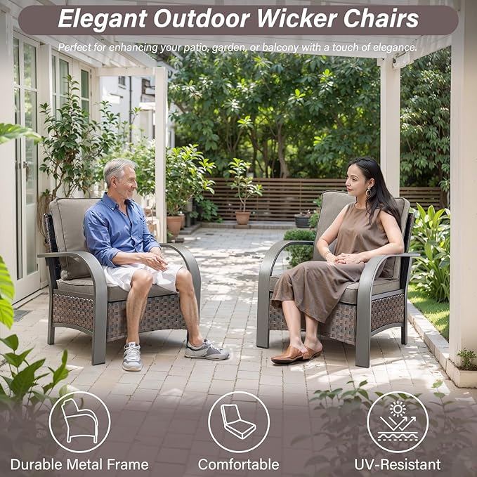 Belord Wicker Patio Chairs Set of 2-300LBS Weight Capacity Oversize Outdoor Patio Chairs with High Backrest Metal Curved Armrest, All Weather PE Rattan Outdoor Seating for Porch Deck Backyard