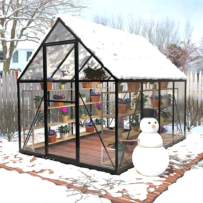 HOOYEAH Outdoor Polycarbonate Greenhouse, 6 x 10 FT Aluminum Frame Plant Green House with Locking Door & Roof Vent, Heavy Duty Winter Greenhouse for Backyard Gardening