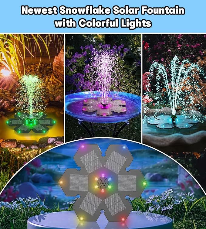 SZMP Solar Fountain Upgraded, 3.5W Snowflake Double Layer Colorful Lights, 2000mAh Battery 4 Fixes & 7 Nozzles, Solar Bird Bath Fountain for Garden Patio Pond Outdoor Décor