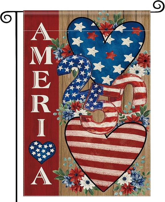 4th of July Garden Flag, 250 Anniversary USA Flag Patriotic America Memorial Day Yard Outdoor Decorations Outside American Heart 250 Years Fourth of July Garden Flag Double Sided Waterproof 12x18 Inch