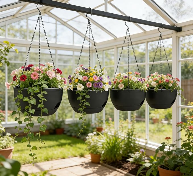 Set of 4-8 Inch Self Watering Hanging Planters for Indoor Outdoor，Hanging Plant Pots with Drainage & Removable Tray, Hanging Pots Holder for Ivy, Pothos, Ferns, Balcony & Patio, Black