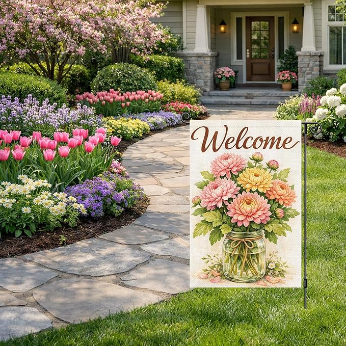 Heyfibro Spring Garden Flag 12x18 Inch Double Sided Chrysanthemum Garden Flag Small Yard Flags for Outside House Farmhouse Seasonal Spring Outdoor Decorations