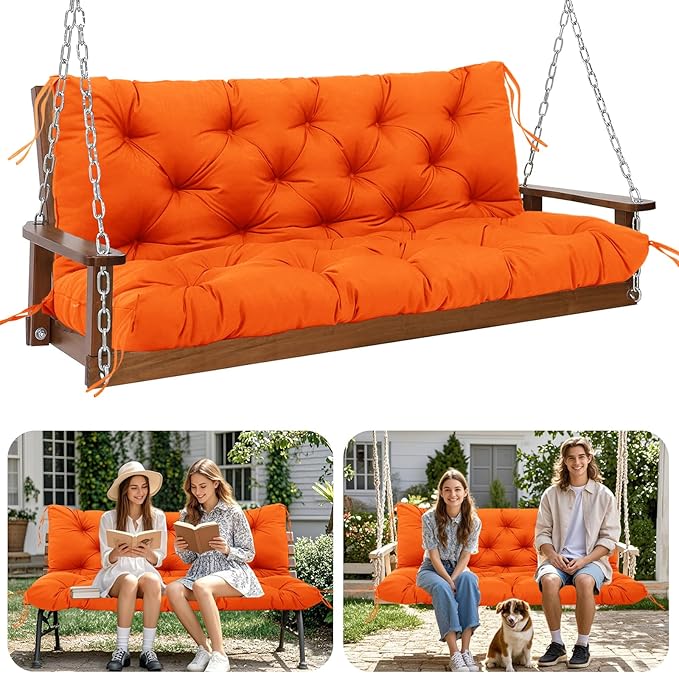 Extra Thick 5" Waterproof Porch Swing Cushions Outdoor 48 inch Swing Cushions 2-3 Seater Replacement with Backrest and Ties for Outdoor Furniture Patio Bench Garden (Orange)