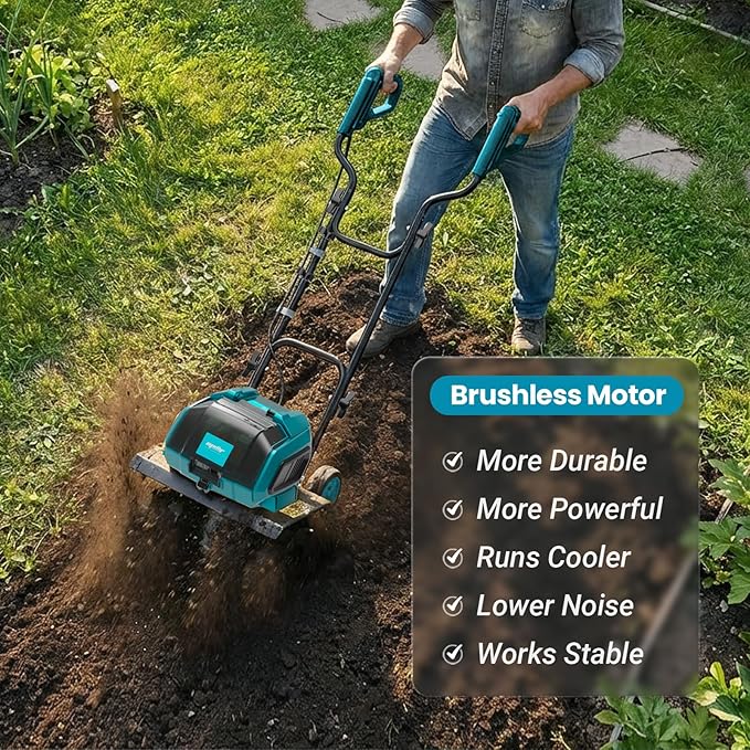 36V Brushless Cordless Tiller Cultivator Compatible with Makita 18V Battery(Tool Only), Electric Garden Tiller w/16 Steel Tines, 14.2" Tilling Width, 8.7" Depth, Safety Lock, Portable Rototiller