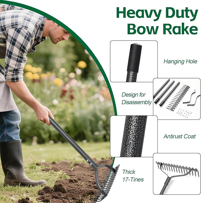 Bow Rake, 49" Adjustable Long Handle Lawn Leveling Garden Rake with 17 Tines, Garden Tool with Heavy Duty Metal for Looseing Soil, Weede Control