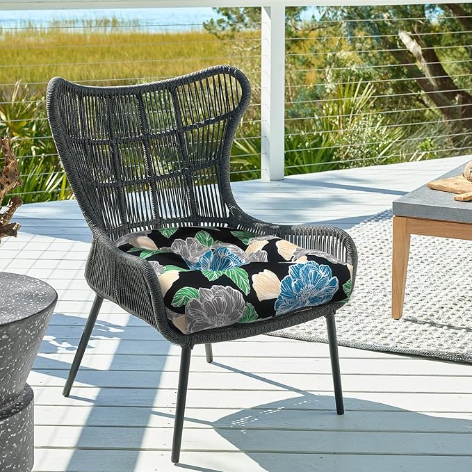 DYTXIII Set of 2 Outdoor Chair Cushions 19"x19"x4", Water Repellent Tufted Patio Seat Cushions with Ties, Thick Replacement Pads for Wicker Dining Chairs, Patio Furniture, Peony Garden