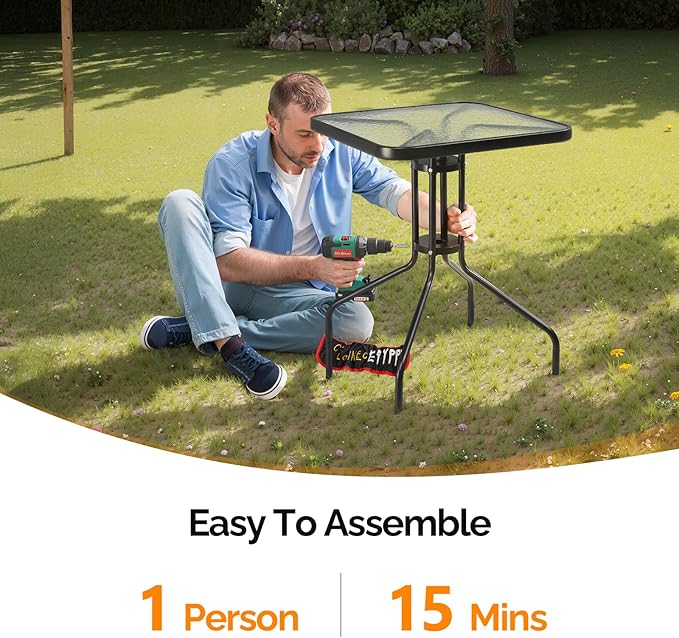 VINGLI Outdoor Bistro Table, 24" Patio Table Steel Frame Tempered Glass Top, Dining Tables for Balcony Garden Poolside (24'' Square)