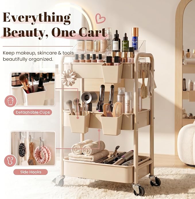 Beige 3 Tier Rolling Storage Cart Metal on Wheels, Cream Diaper Caddy Carts