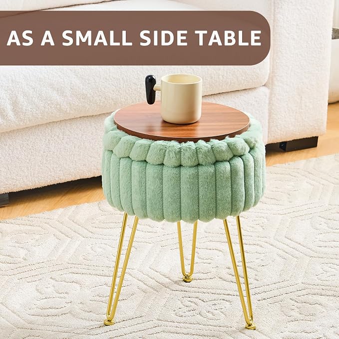 Wimarsbon Vanity Stool with Storage, Faux Fur Ottoman Chair with Metal Legs, Round Makeup Vanity Chair for Bedroom or Dressing Table, Modern Small Ottoman Seat (Green)