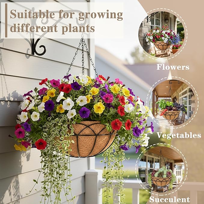 EIMQUVW 12 Inch Outdoor Patio Hanging Planters (Pack 2) Black Round Coconut Fiber Hanging Baskets with Chain and Hooks Metal Flower Pots Suitable for Balcony Railings Garden Pergolas
