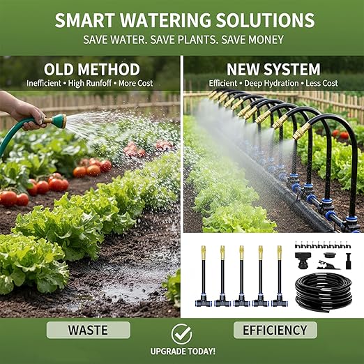 360° Adjustable Drip Irrigation System - 100FT Garden Watering System with 15 Nozzles, Garden Irrigation System, Greenhouse Accessories, Atomizing System for Yard, Lawn, Plants, 5/16 inch Hose