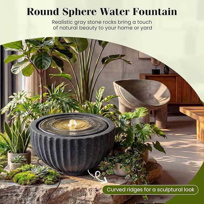 Giantex 18" Round Outdoor Water Fountain with 6 LED Lights, Stone Gray Resin Sphere Waterfall Feature with Adjustable Pump, Lighted Bubbling Fountain for Garden Patio Porch Decor (18" Dia. x 9.5" H)