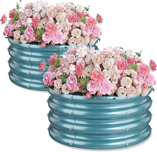 2 x 2 x 1 ft Round Raised Garden Bed, Blue 2 Pack 0.6 mm Thick Galvanized Steel Planter Box with Double Layer Paint and Safety Edge Trim for Vegetables Flowers Herbs Outdoor Garden