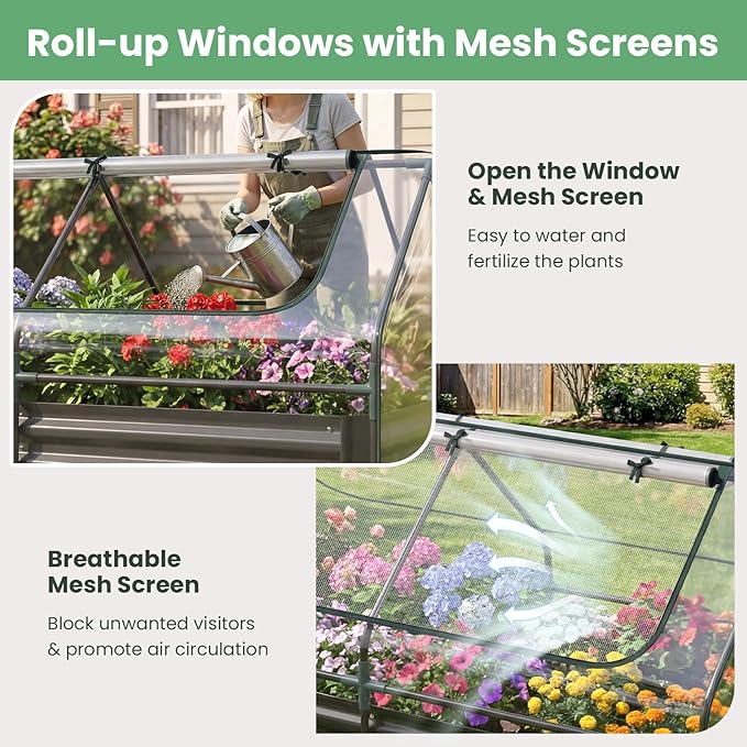 HAPPYGRILL Raised Garden Bed with Cover, Planter Boxes Outdoor w/Mini Greenhouse, 2 Roll-up Windows & Open-Ended Base, Metal Growing Raised Bed for Vegetables (Black, 72” x 36” x 37”)