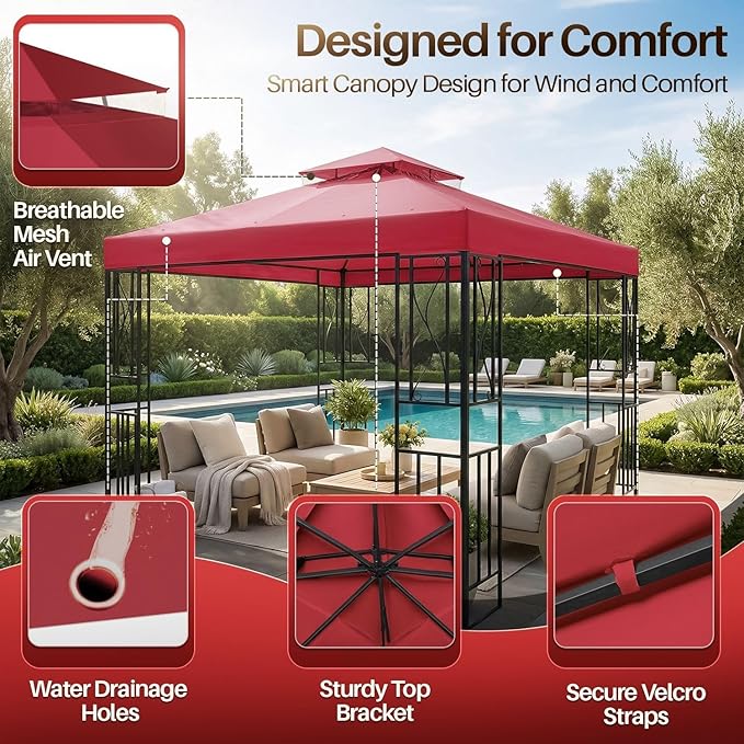 Flexzion Gazebo Cover Replacement Canopy Top 10x10 Ft (3m x 3m) - Double Tier Top Canopy Cover Replacement with UV30+, Dirt, Water Resistant for Outdoor, Sunshade, Garden, Patio, Pavilion (Red)