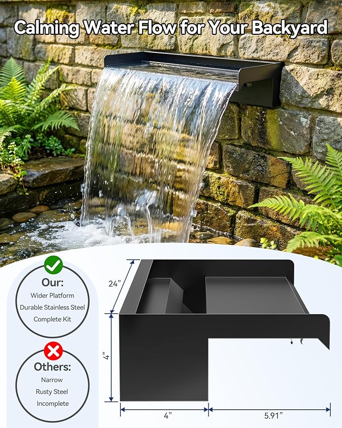 POPOSOAP Pond Waterfall Kit with Colorful LED Lights & 1200GPH Pond Pump, APP & Remote Control, Auto Timer, Pond Waterfall Spillway with 9.8FT Corrugated Tube for Pool, Garden, Patio, Backyard-P46D