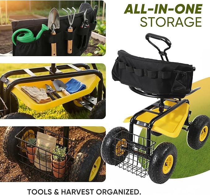 Sekey Garden Cart Rolling Workseat with Backsupport & 360° Swivel Seat, Heavy Duty Garden Scooter with Adjustable Height, Tool Tray, All-Terrain Wheels, 440 lbs Capacity for Seniors & Gardeners