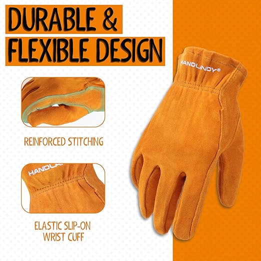 HANDLANDY 2 Pairs Kids Genuine Leather Gardening Gloves for age 2-9, Children Work Gloves for Boys, Girls, Toddlers (Orange, M)