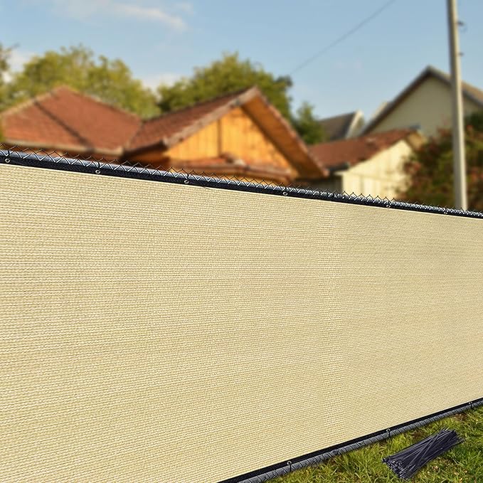 i COVER 5x12ft Privacy Screen Fence, Outdoor Fencing Panels, Garden Windscreen Mesh Shade Sail Net Barrier, Fence Privacy Screen Reinforced Bindings and Brass Grommets Cable Zip Ties, Sand