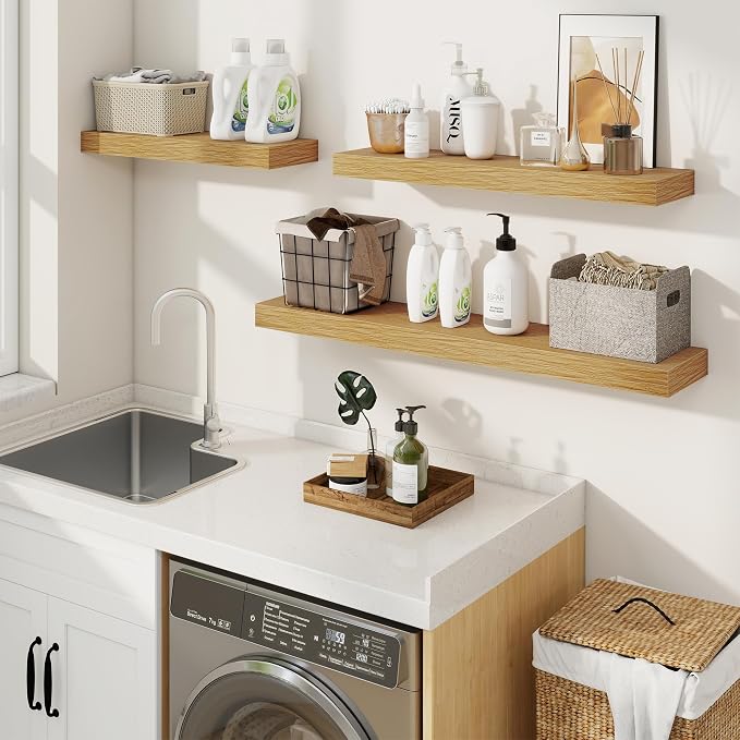 Floating Shelves for Wall, Wall Mounted Wood Shelves, Oak, Set of 2, 16in | Wood Floating Shelf with Invisible Brackets for Living Room, Bathroom, Bedroom, Kitchen, Hanging Shelf for Storage and Decor