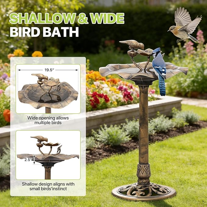 Magshion 35" Outdoor Bird Bath and Feeder for Outside, Pedestal Birdbath with Vintage Lotus Design, Durable Polypropylene Construction, Stunning Garden Accent for Lawn, Backyard & Patio, Bronze