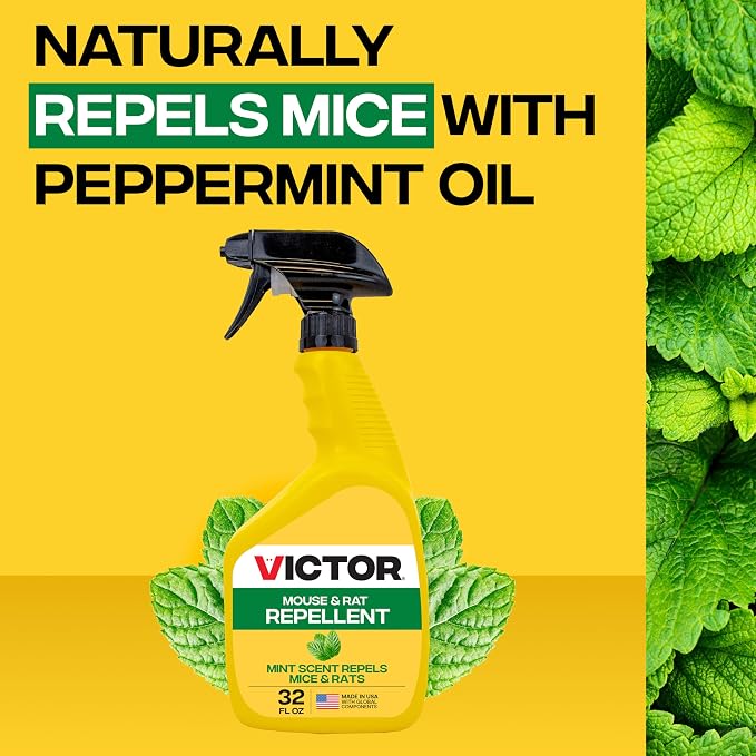 Victor Mouse and Rat Repellent Spray, 32 oz Bottle | Up to 67 Linear Feet Coverage, Natural Essential Oil Formula for Indoor & Outdoor Rodent Control, Ready to Use Pest Repellent