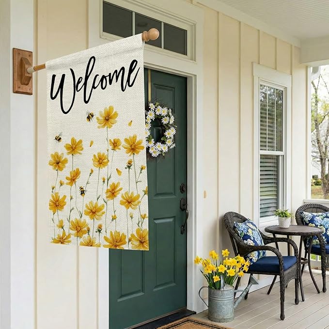 CROWNED BEAUTY Spring House Flag Yellow Wildflower Double Sided 28x40 Inches Large Burlap Welcome Holiday Seasonal Yard Decoration for Outside Porch