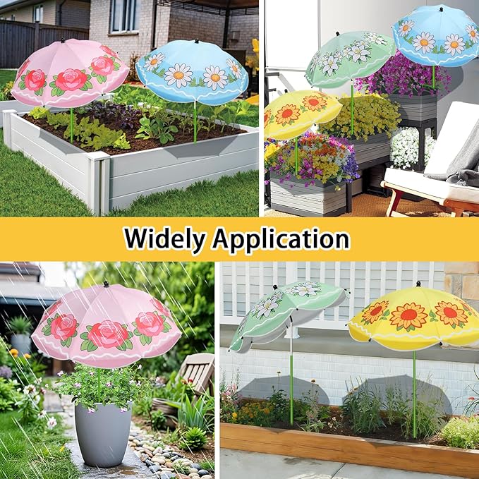 MJZ 4 Pack Upgraded Plant Umbrellas for Outdoor Plants, 26" Larger Garden Plant Shade Umbrella with Adjustable Angle 43.4" Higher Sun Shade with Floral Prints for Outdoor Potted Plants Garden Beds
