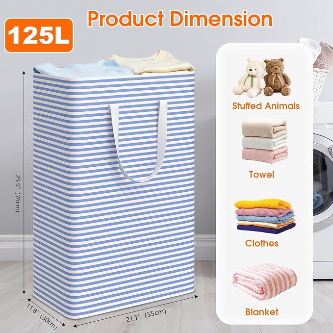 3-Pack Laundry Basket, Collapsible Laundry Hampers, 125L, Blue | Freestanding, Waterproof, Foldable Laundry Bin with Reinforced Handles, Dirty Clothes Hamper Basket for Bathroom, Dorm,Camper