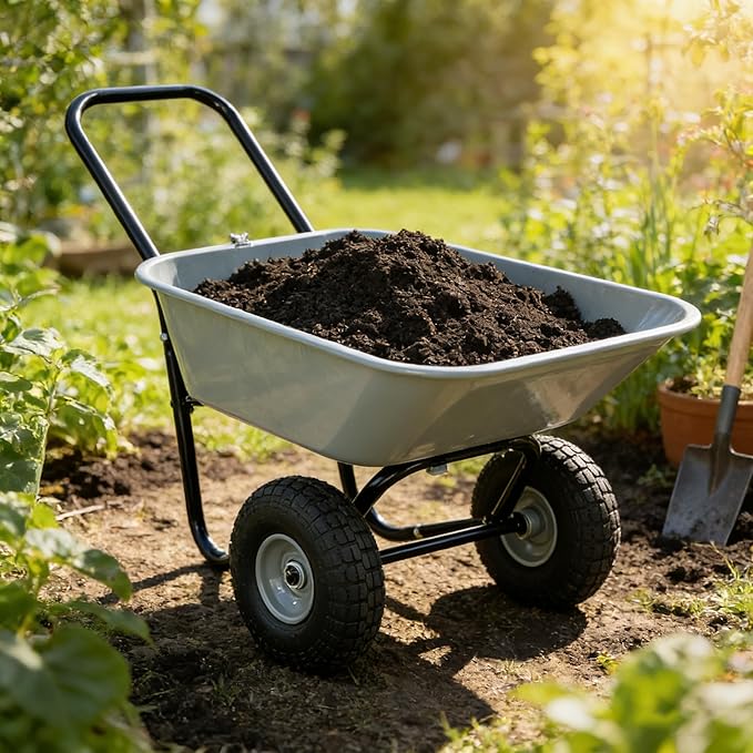 35L Dual-Wheel Garden Wheelbarrow, 10" Air-Filled Tires and Leakproof Hopper, Waterproof Heavy-Duty 330lbs Capacity Yard Cart for Soil, Water Rocks Warehouse Farm, and Outdoor Cleanup