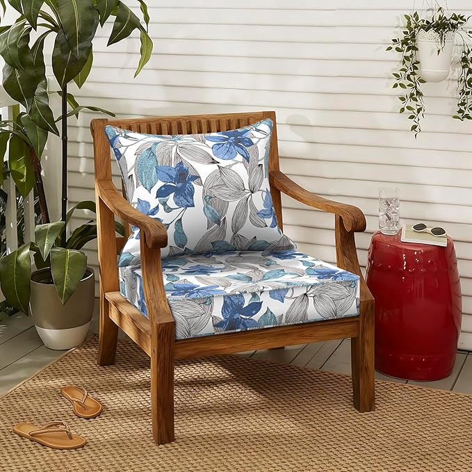 LVTXIII Outdoor Seat and Back Cushion Patio Deep Seat Cushion Set Seasonal Chair Cushion for Wicker Chairs and Garden Furniture Decoration, 24"x24"x4", Clemens Noir Blue
