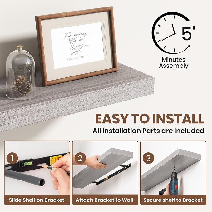 Acovy 55 Inch Floating Shelves for Wall 1 Pack, 55" Wall Shelves for Books, Storage, Decor, Wall Mounted Floating Shelf with Invisible Brackets for Kitchen, Living Room, Gray