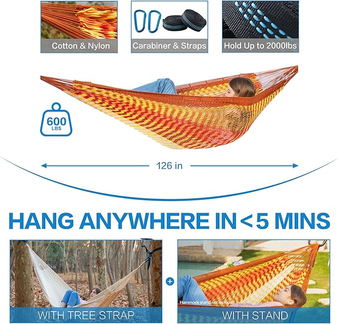 PNAEUT Handwoven Mayan Hammock, Thick Soft Rope Double Hammock for Outdoor Outside & Indoor, 600 lbs Capacity Heavy-Duty, Includes Tree Straps, Carabiners & Carrying Bag (Sunset, X-Large)