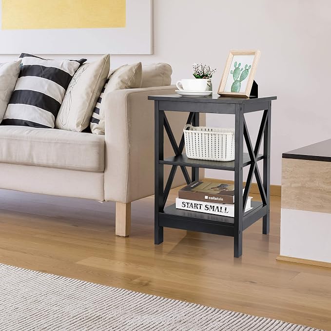 ZenStyle End Table 3-Tier X-Design Side Table with Storage Shelves Sofa Side Table Storage Organizer Display for Bedroom, Living Room, Office, Nursery Room, Black
