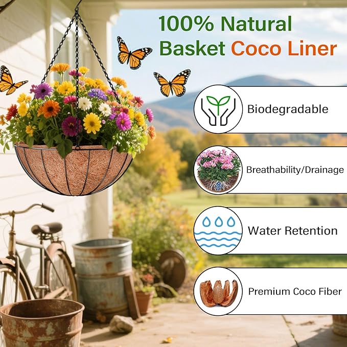 Halatool 2 Pack 8 Inch Coconut Liners for Planters 100% Natural Coco Coir Fiber Hanging Basket Liners Reusable Round Coco Liner for Flowers Vegetables Balcony Garden Patio Porch Home Decor