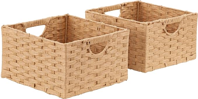 Seville Classics Premium Handwoven Portable Laundry Bin Basket with Carrying Handles, Household Storage for Clothes, Linens, Sheets, Tan, Rectangular (2-Pack)