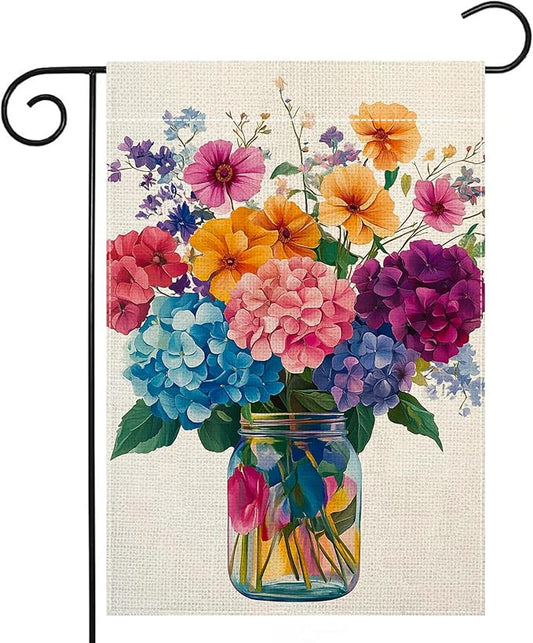 Spring Summer Colorful Floral Mason Jar Garden Flag 12x18 Inch Double Sided Hydrangea Flower Yard Outdoor Flag House Holiday Outside Decoration