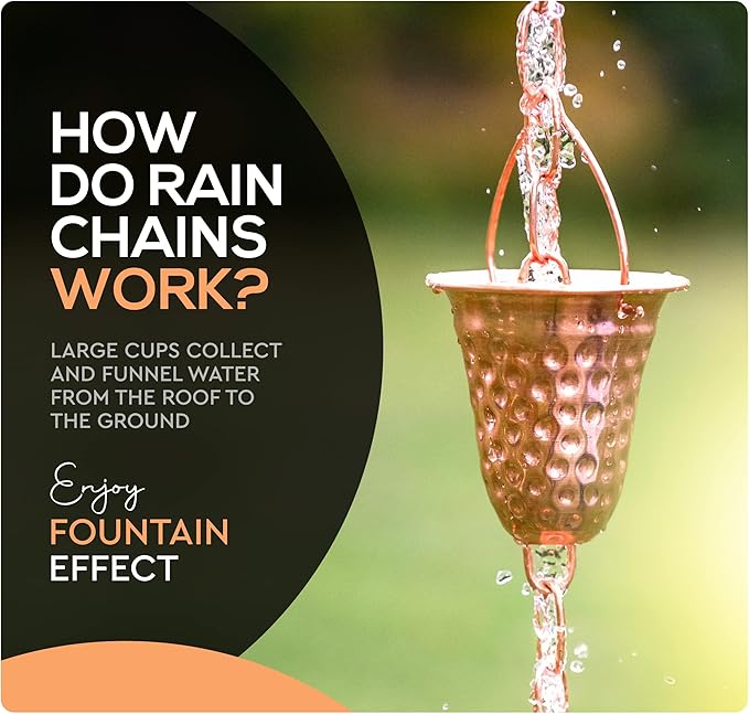 Copper Hammered Rain Chain – Decorative Chimes & Cups Replace Gutter Downspout & Divert Water Away from Home for Stunning Fountain Display – 6.5’ Long for Universal Fit – Bell Style