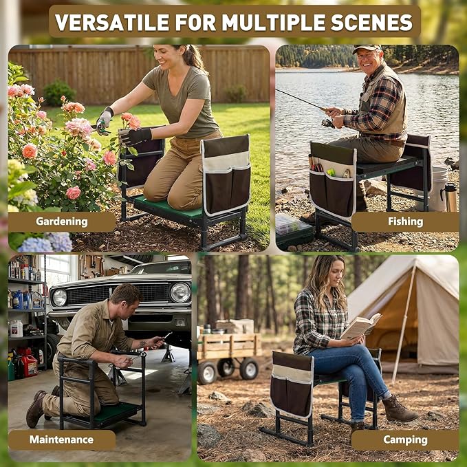 Garden Kneeler and Seat for Seniors – Heavy Duty Anti-Tip Gardening Stool with Widened Thick Soft Kneeling Pad, Foldable Garden Bench with Sturdy Handles, Gardening Gifts for Women Men Mom (Brown)