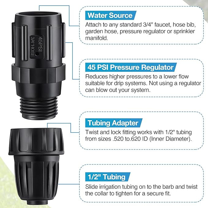 4 Pcs 45 PSI Drip Irrigation Pressure Regulator Faucet Adapter Kit, 2 Pcs 3/4" FHT x 3/4'' MHT Pressure Regulator, 2 Pcs 1/2 Inch Drip Irrigation Tubing Adapter for Drip Irrigation System