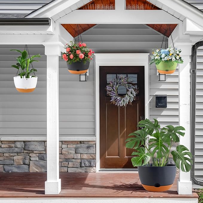 Nooulap 3 Pack Self Watering Planters for Plants Indoor,10 Inch Plant Pot Outdoor Plastic Flower Pot with Drainage and Saucers(White)