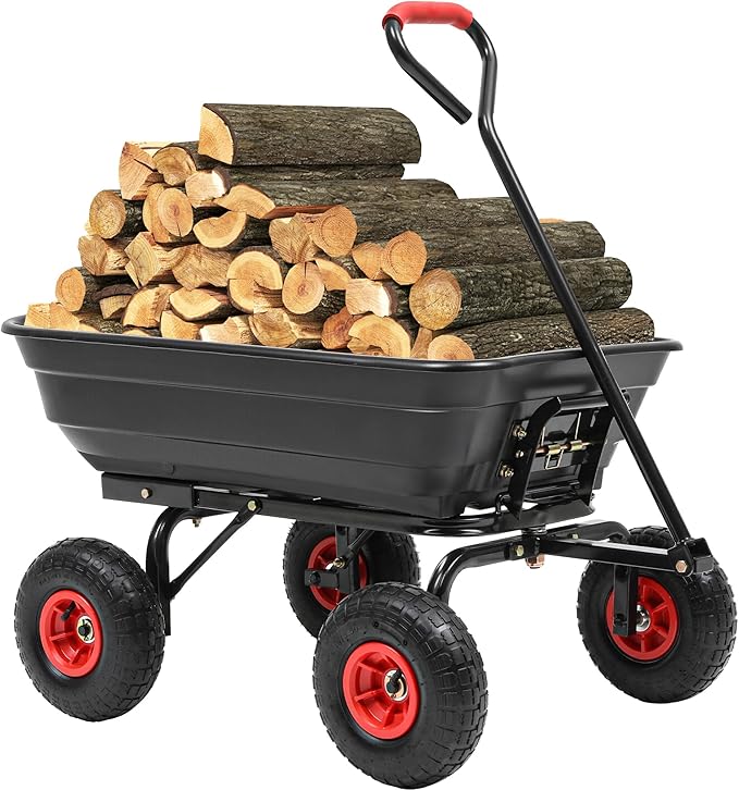 Autodaya 600lb Garden Dump Cart,4 Cu.Ft Utility Wagon Wheelbarrows with Quick-Release System&4 Pneumatic Tires,Heavy Duty Yard Dump Wagon with Steel Frame for Farm, Garden,Christmas Hauling(Black)