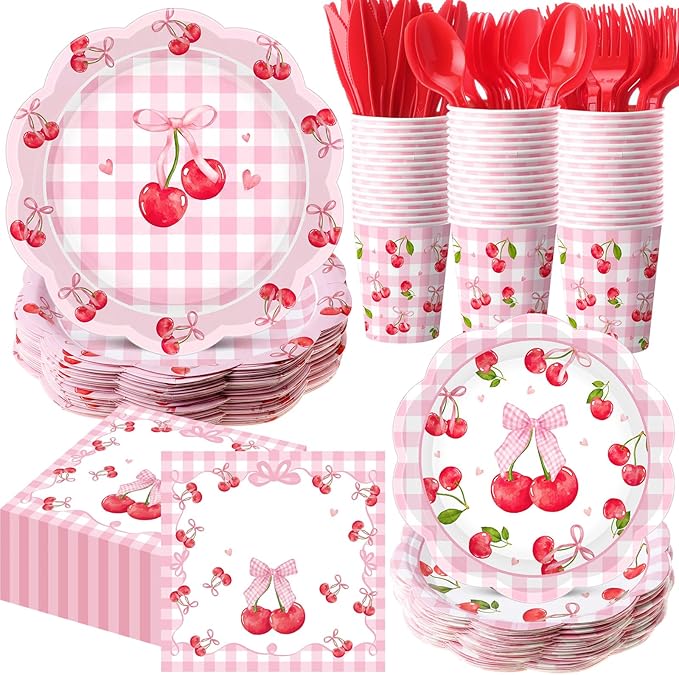 Funnymoom 400 Pcs Cherry Bow Birthday Party Supplies for 50 Guests Bow Cherry Paper Plates and Napkins Knives Spoon Fork Cup Disposable Coquette Birthday Dinner Sets for Bachelorette Party